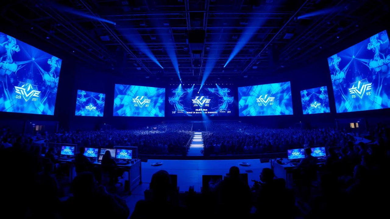 Sân khấu giải đấu eSports với hai đội thi đấu trước khán giả
