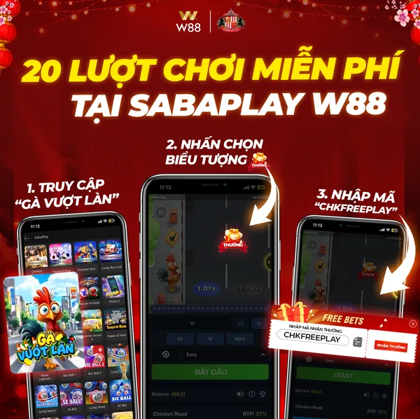 SABAPlay – Gà Vượt Làn Banner tặng 20 lượt chơi miễn phí game Gà Vượt Làn của SABAPlay trên W88